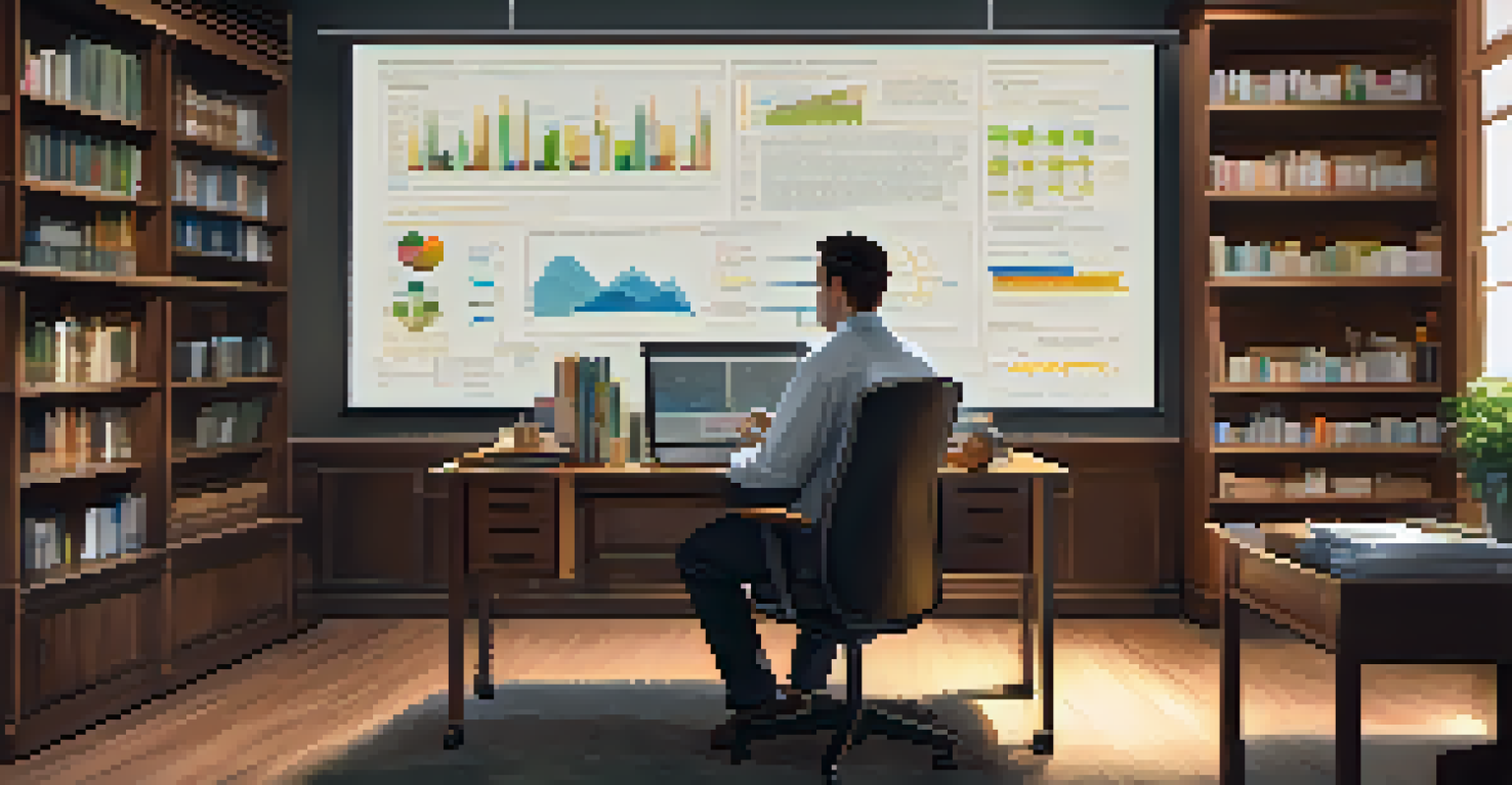 A researcher in a cozy office environment analyzing data on a large screen, with books and charts surrounding them, reflecting a focus on education research.