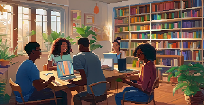 A diverse group of students participating in an online class, smiling and engaged, in a warm and inviting study space.