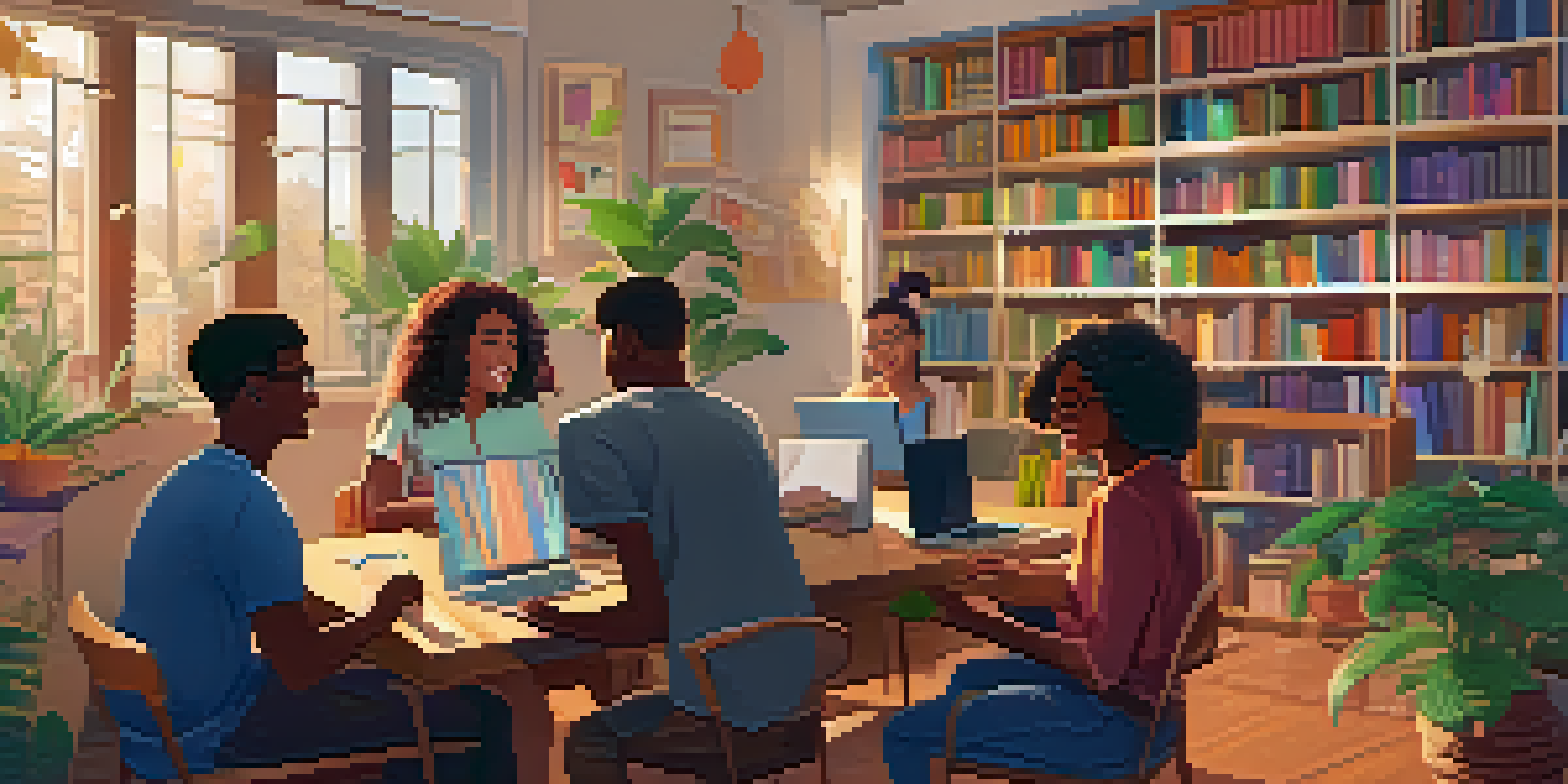 A diverse group of students participating in an online class, smiling and engaged, in a warm and inviting study space.