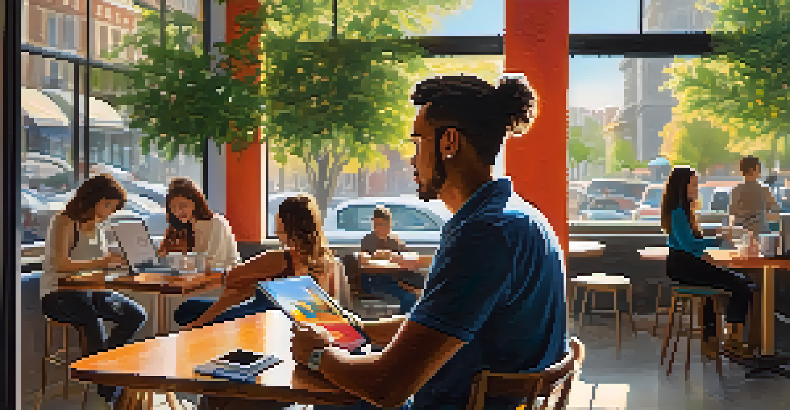 A person using a tablet at a cafe, with a lively background of people and vibrant decor.