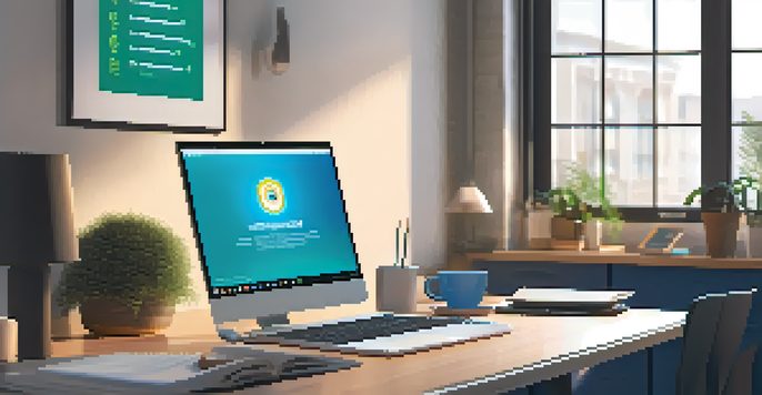 A focused adult learner at a modern desk, looking at a laptop screen showing a digital badge, with a motivational poster and coffee cup around.
