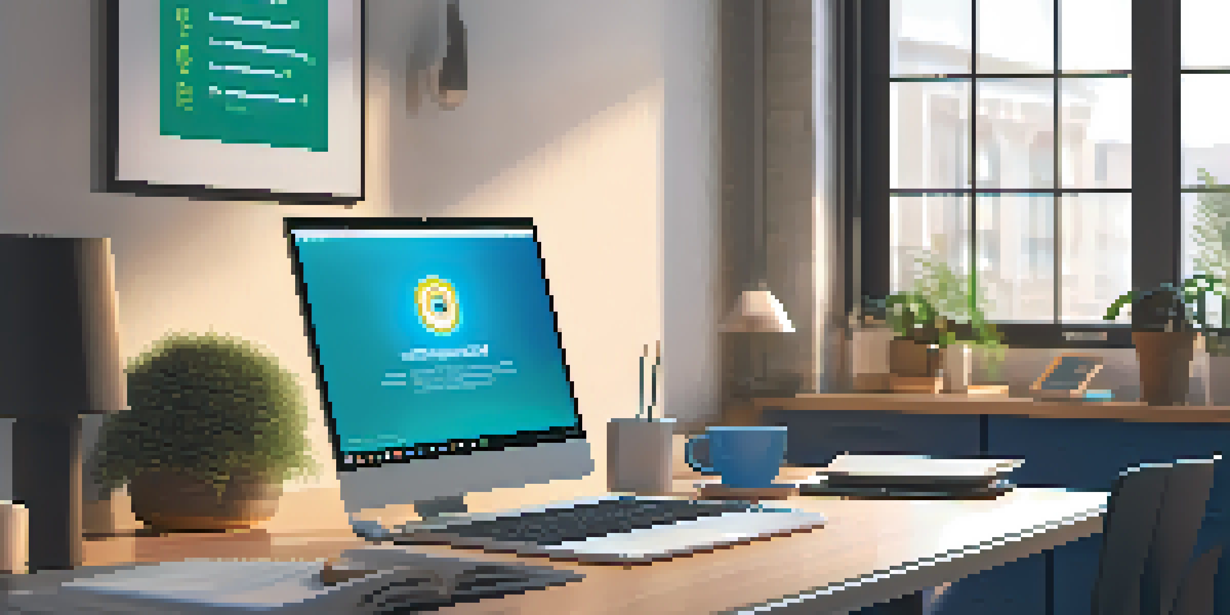 A focused adult learner at a modern desk, looking at a laptop screen showing a digital badge, with a motivational poster and coffee cup around.