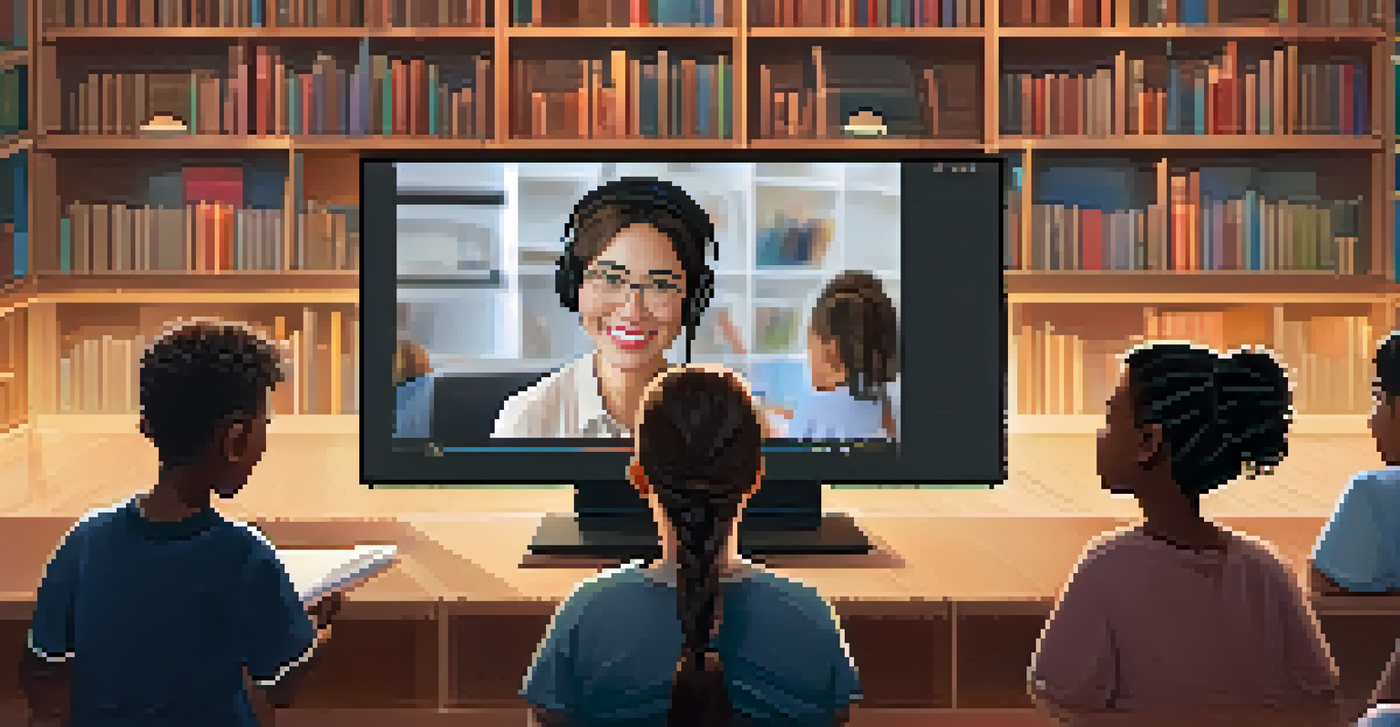 An empathetic teacher smiling and guiding students during a video call, with a cozy background of bookshelves.
