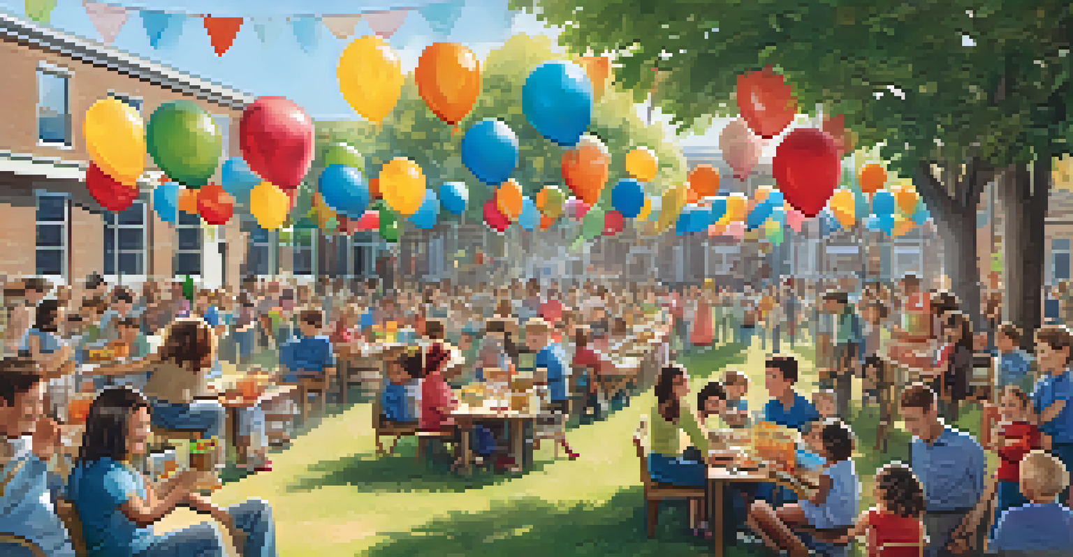 Families celebrating children's achievements outdoors with balloons and banners, children holding certificates, and parents taking photos.