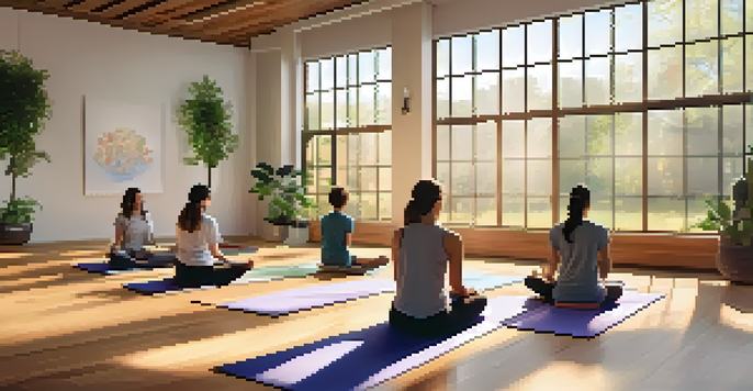 A classroom filled with students practicing meditation on yoga mats, with soft sunlight and calming decorations.