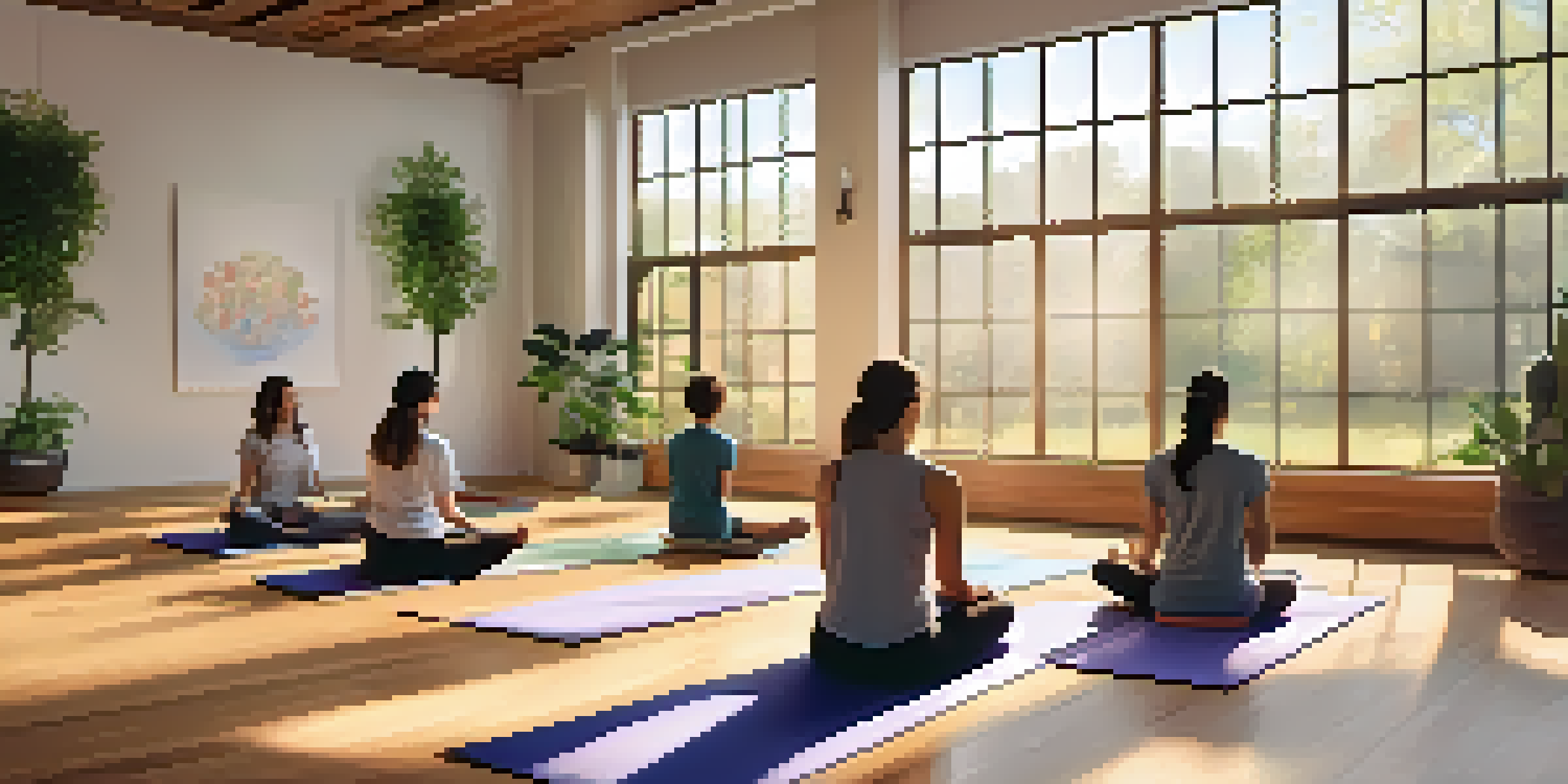 A classroom filled with students practicing meditation on yoga mats, with soft sunlight and calming decorations.