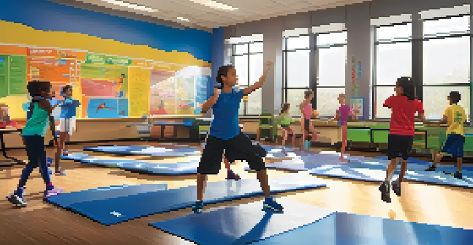 A classroom with a physical education teacher and a health science educator working together with students on an interactive project about fitness and nutrition.