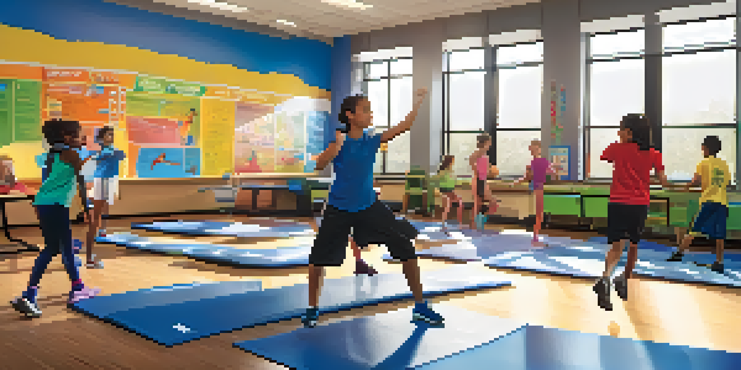 A classroom with a physical education teacher and a health science educator working together with students on an interactive project about fitness and nutrition.