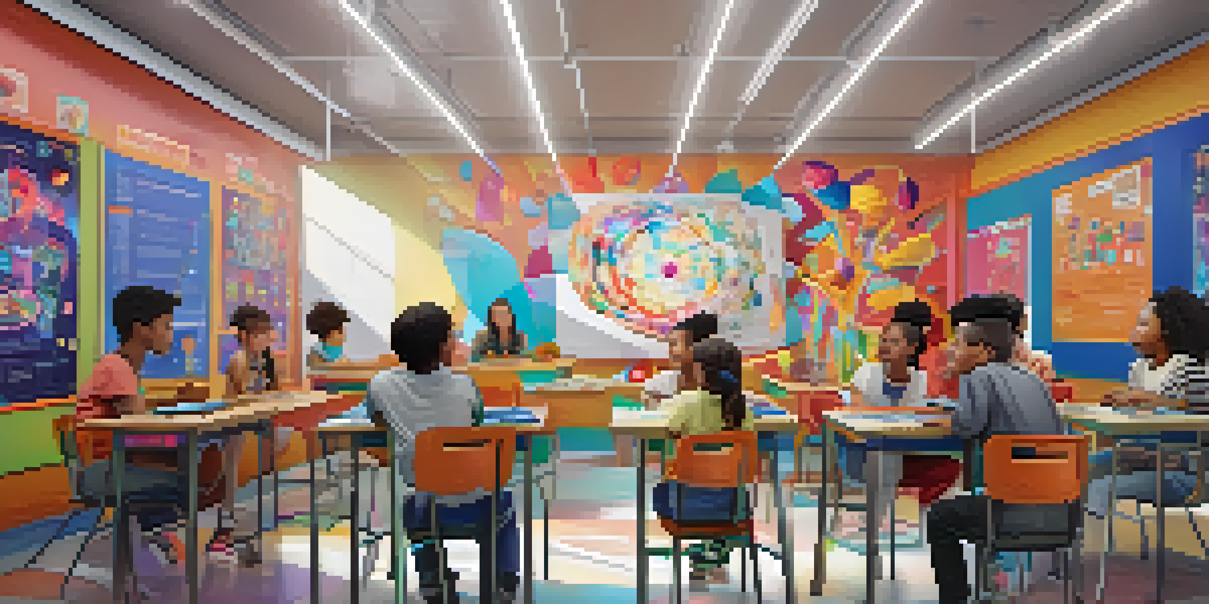 Students wearing virtual reality headsets in a classroom, exploring a 3D human body model. The atmosphere is vibrant and engaging.