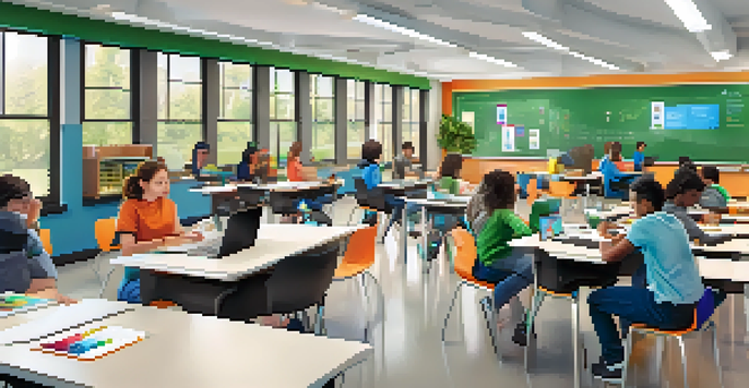 A bright and modern classroom with diverse students collaborating on digital devices around round tables, with educational posters and a smart board in the background.
