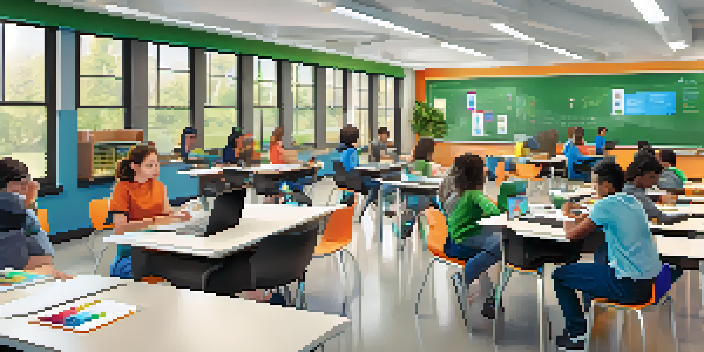 A bright and modern classroom with diverse students collaborating on digital devices around round tables, with educational posters and a smart board in the background.