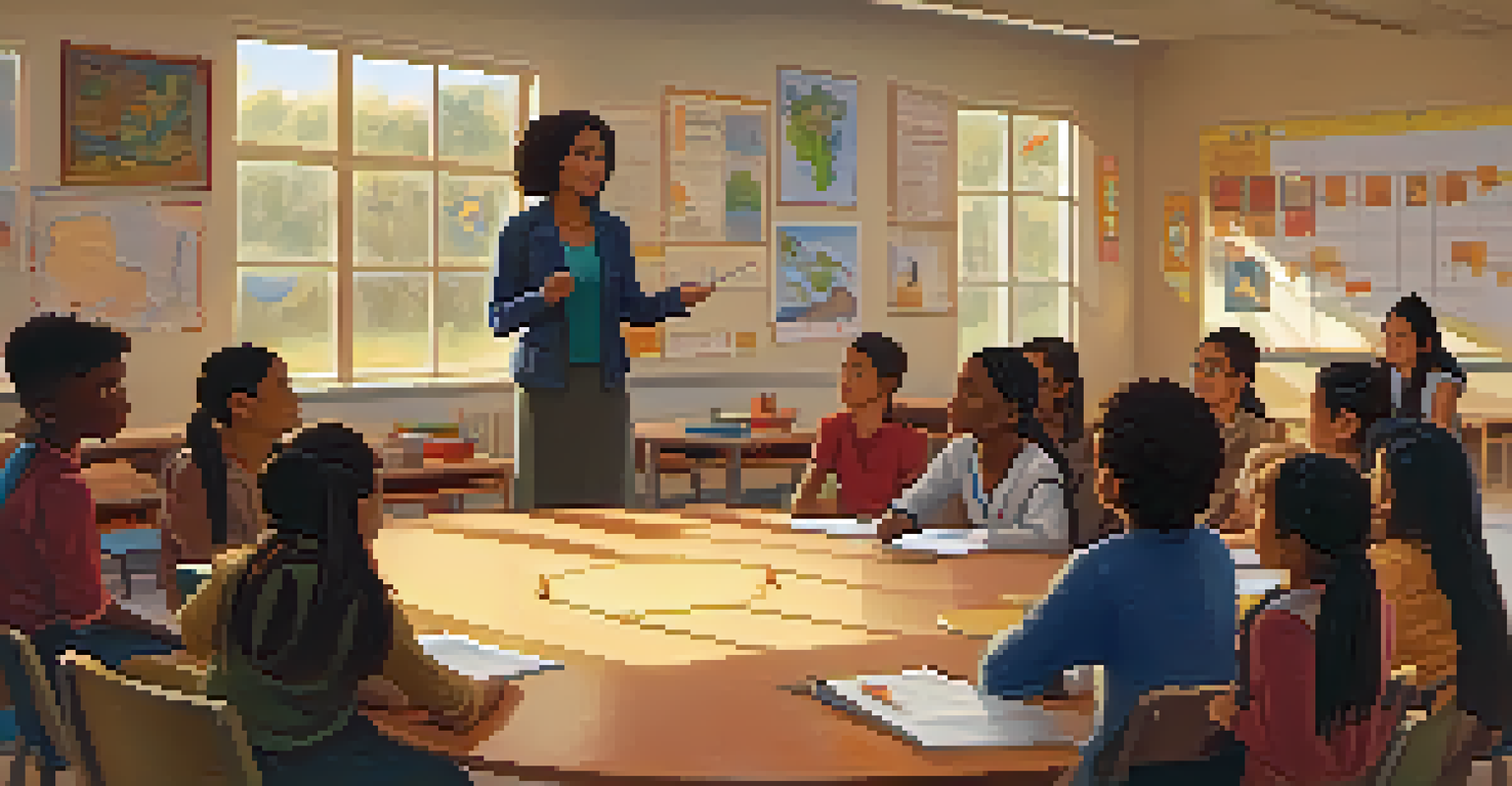 A teacher facilitating a discussion among a diverse group of students in a classroom decorated with global artifacts.