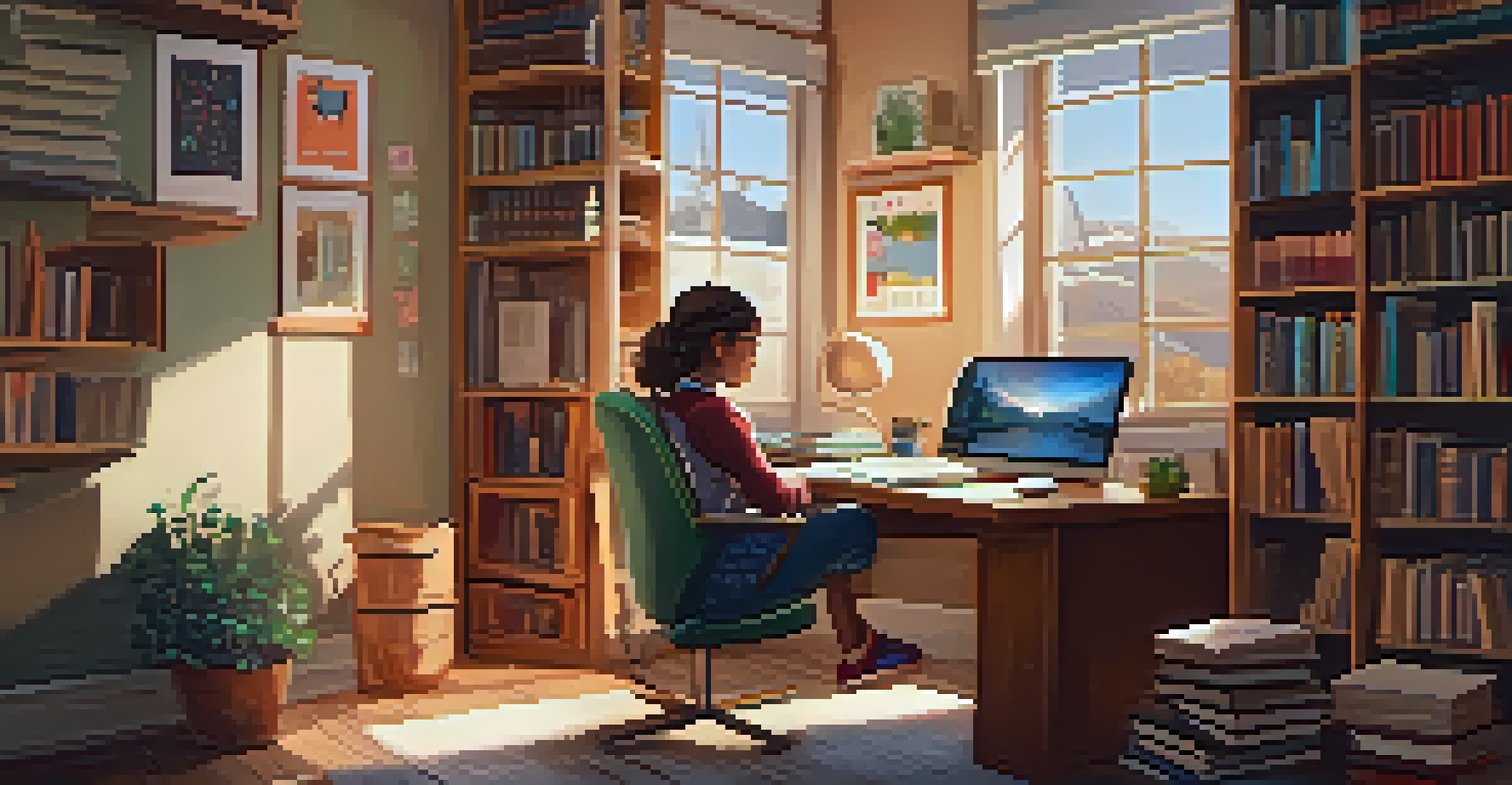 A student studying at home, watching an educational video on a laptop in a cozy study area.