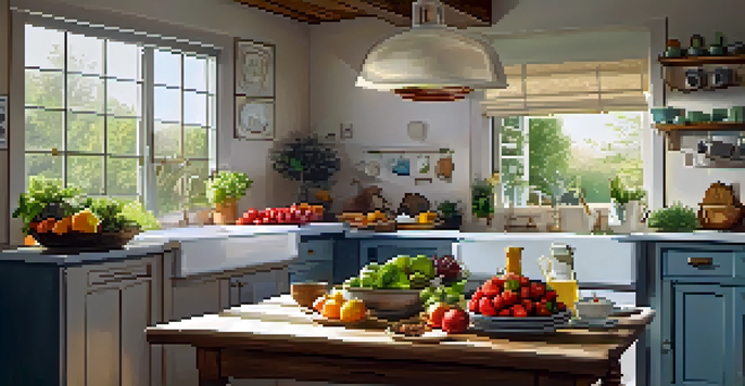 A cozy kitchen with sunlight, fresh fruits, vegetables, oatmeal, tea, and a journal on a wooden table.