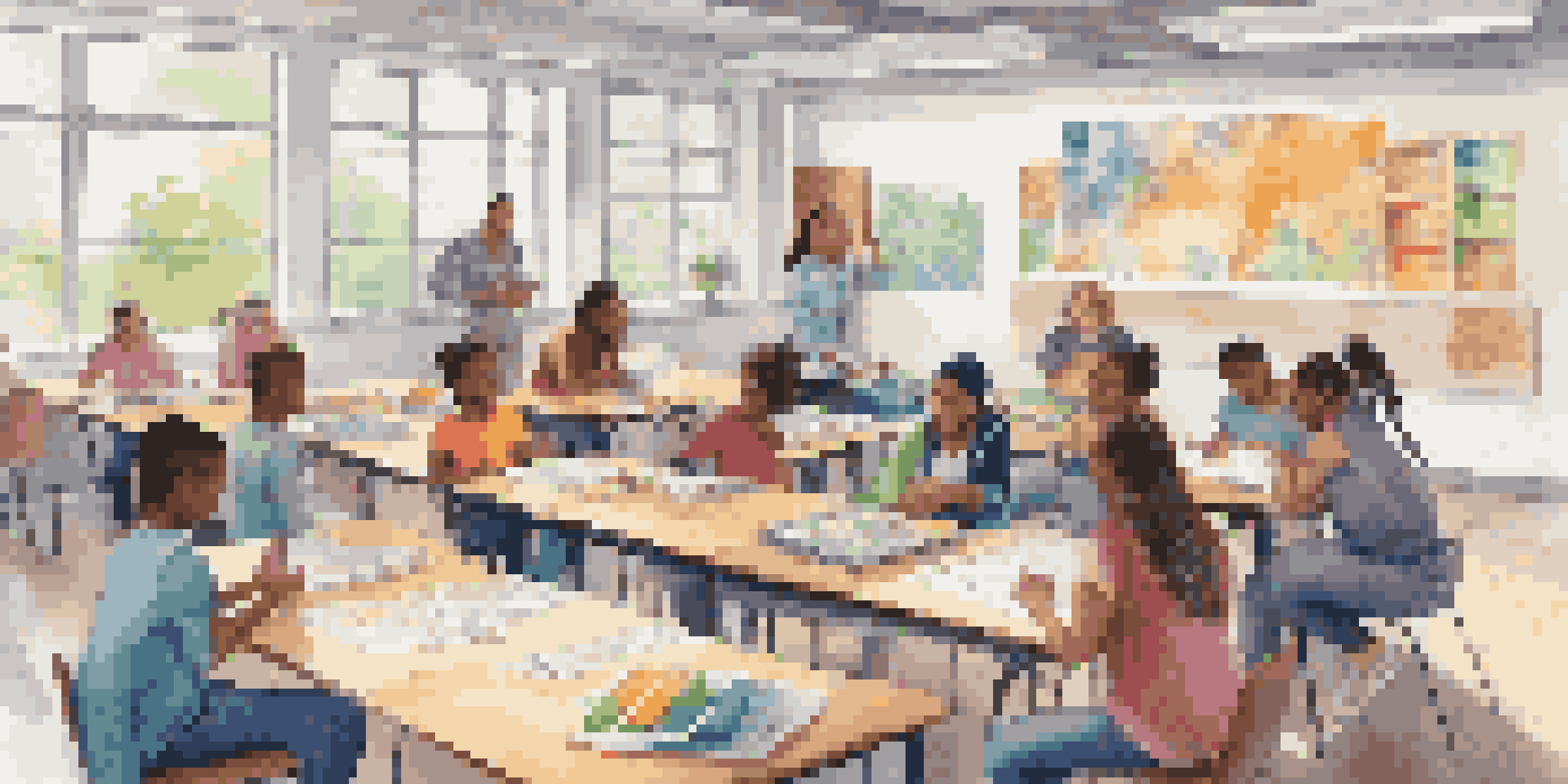 A diverse group of students working together at a round table in a colorful classroom, with a teacher facilitating their collaborative project.