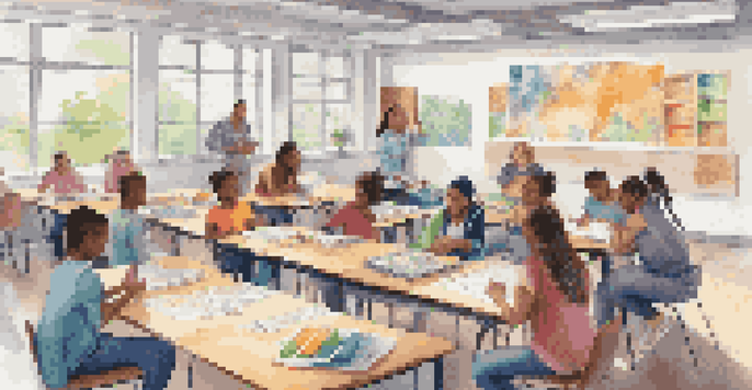 A diverse group of students working together at a round table in a colorful classroom, with a teacher facilitating their collaborative project.