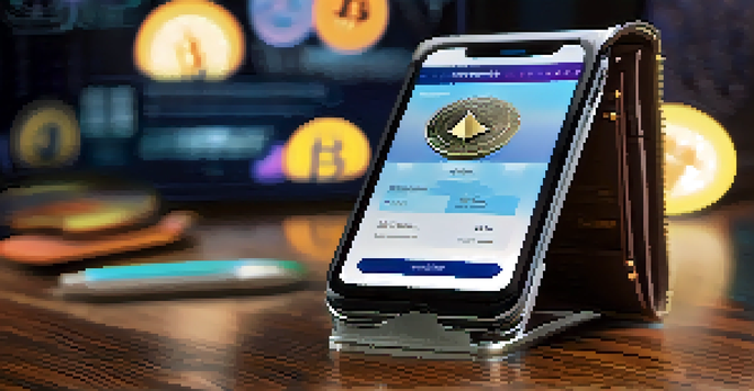 A modern cryptocurrency wallet on a wooden desk with a digital screen showing various cryptocurrency balances.