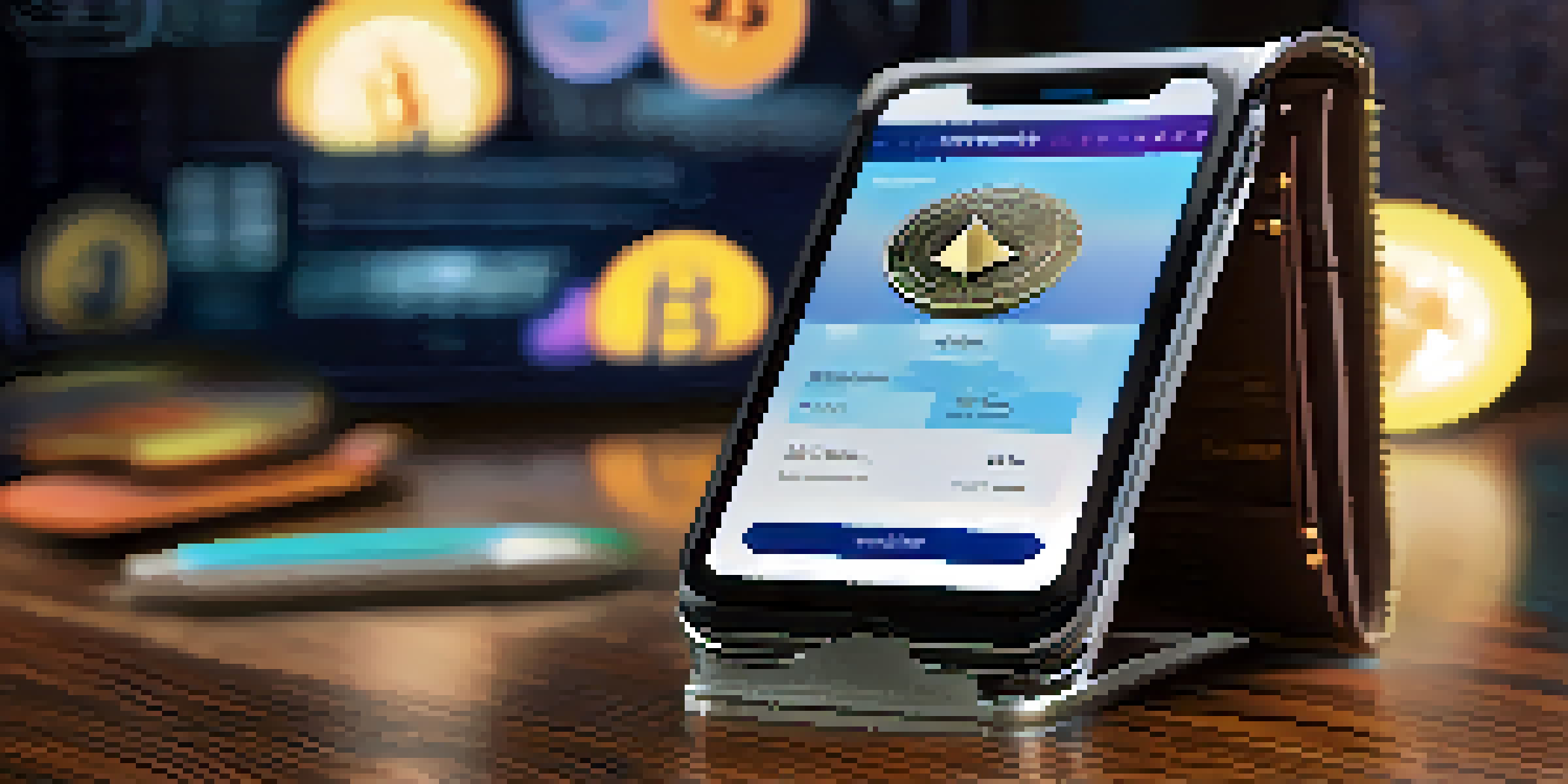 A modern cryptocurrency wallet on a wooden desk with a digital screen showing various cryptocurrency balances.