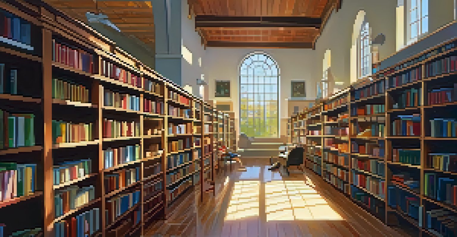 An open library with shelves of textbooks and computers, and a student reading in a cozy nook illuminated by sunlight.