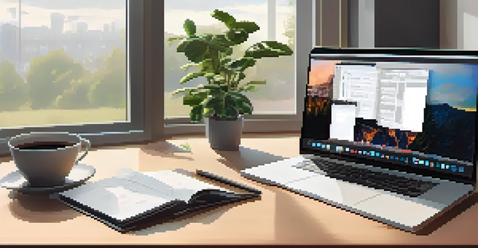 A modern workspace with a laptop displaying a digital portfolio, surrounded by plants and stationery, illuminated by natural light.