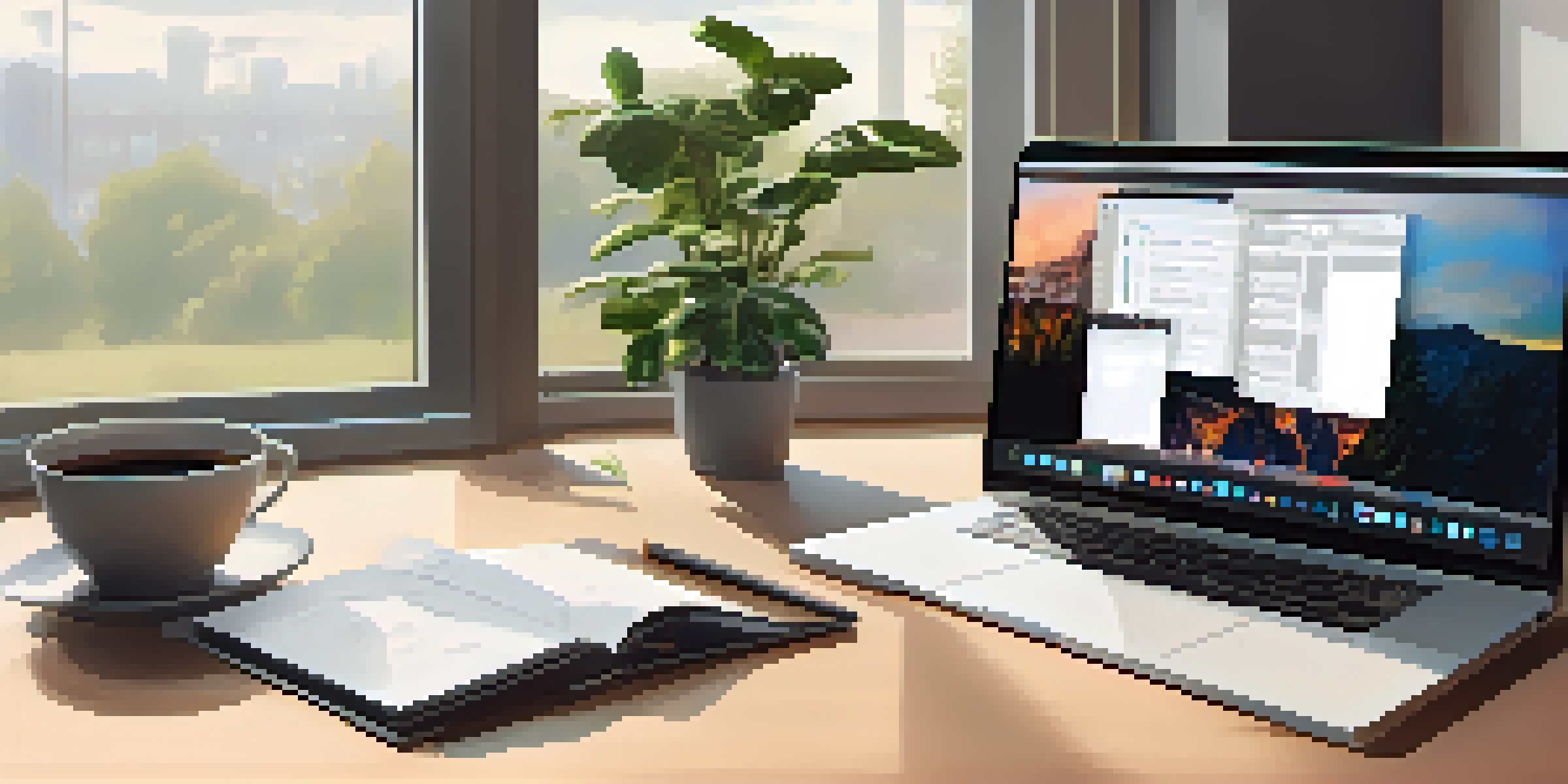 A modern workspace with a laptop displaying a digital portfolio, surrounded by plants and stationery, illuminated by natural light.