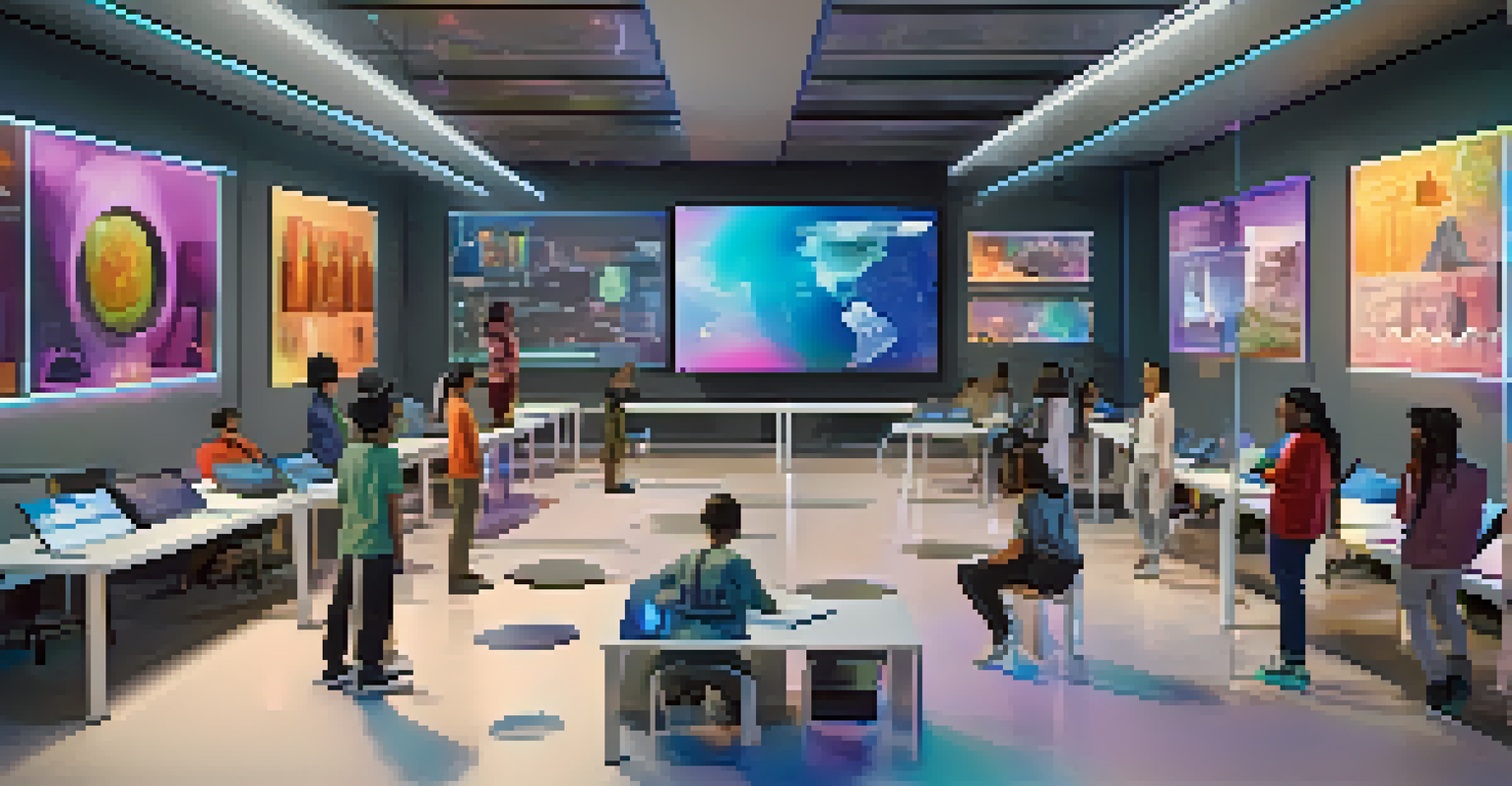 A virtual classroom with diverse students learning together in a 3D environment resembling a museum, filled with artifacts and interactive displays.