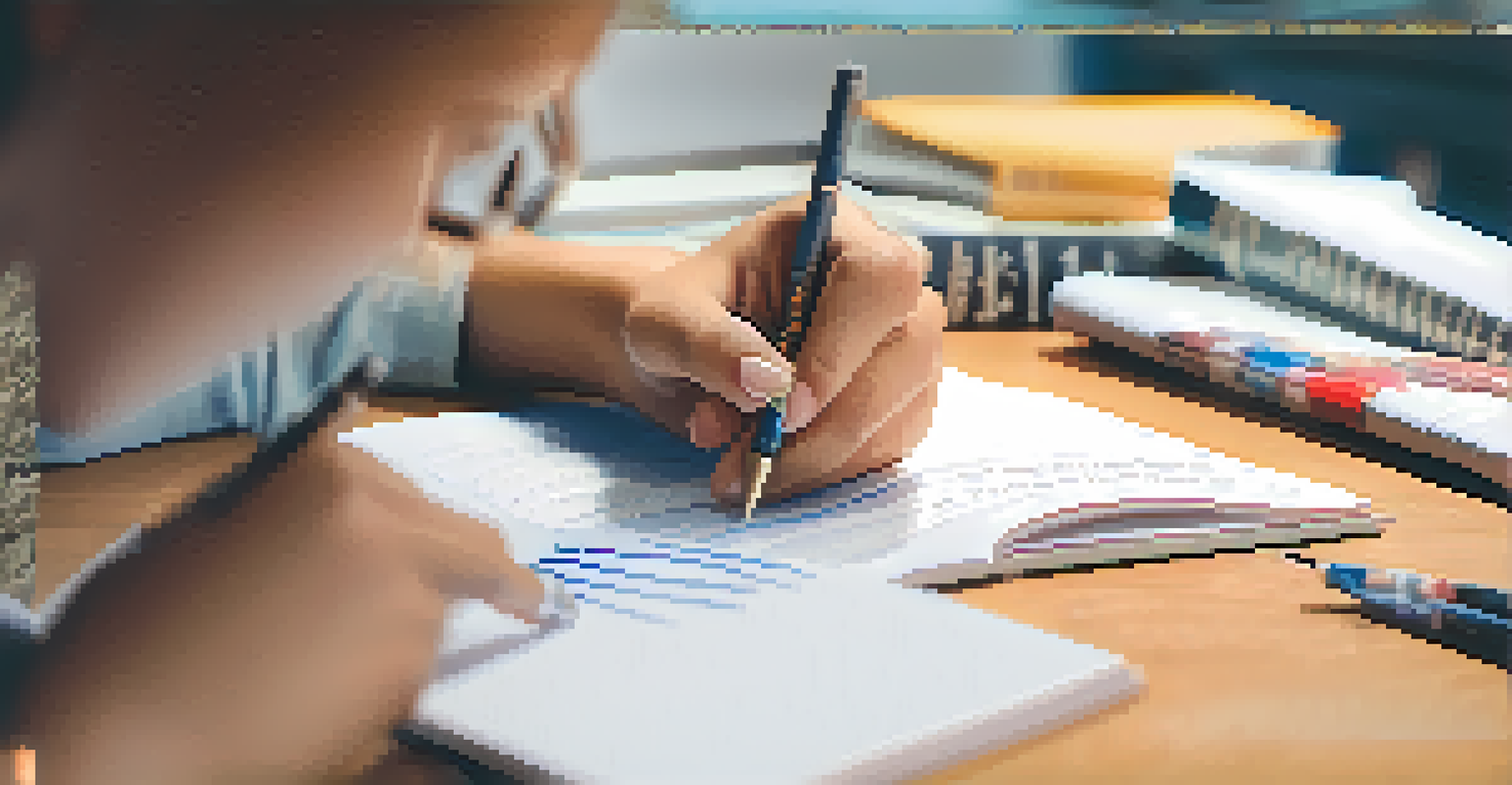 Close-up of a student's hands writing goals in a notepad, with motivational posters in the background, creating a warm and inspiring atmosphere.