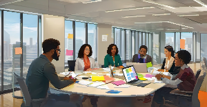 A diverse team of professionals collaborating in a bright office space, sharing ideas around a round table with laptops and sticky notes.