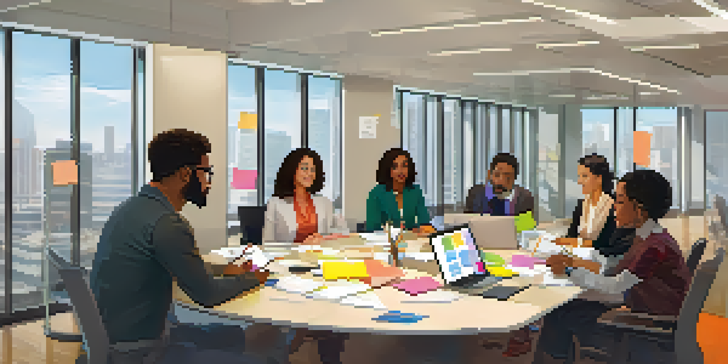 A diverse team of professionals collaborating in a bright office space, sharing ideas around a round table with laptops and sticky notes.