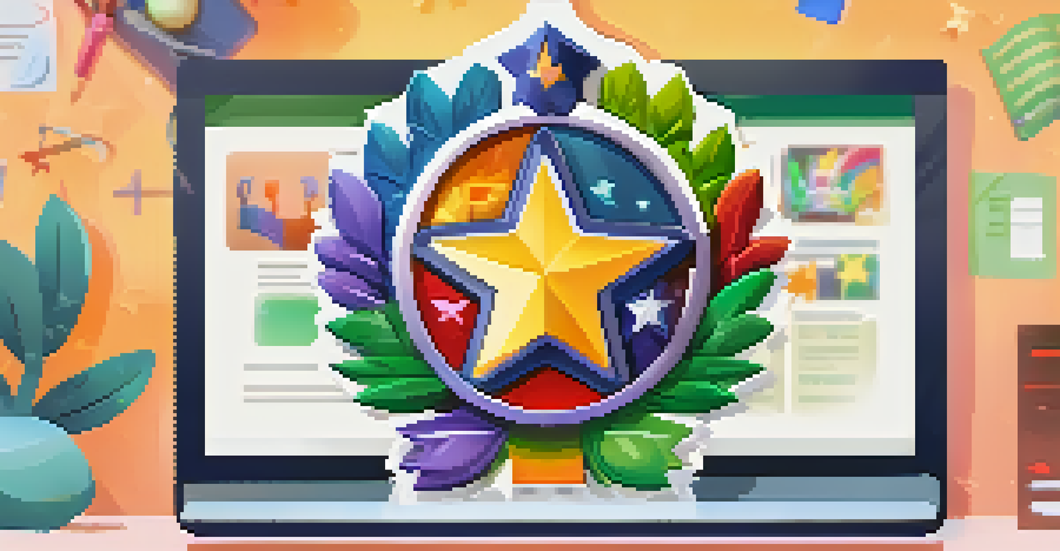 A digital badge representing achievement on a computer screen, with a student celebrating in the background.