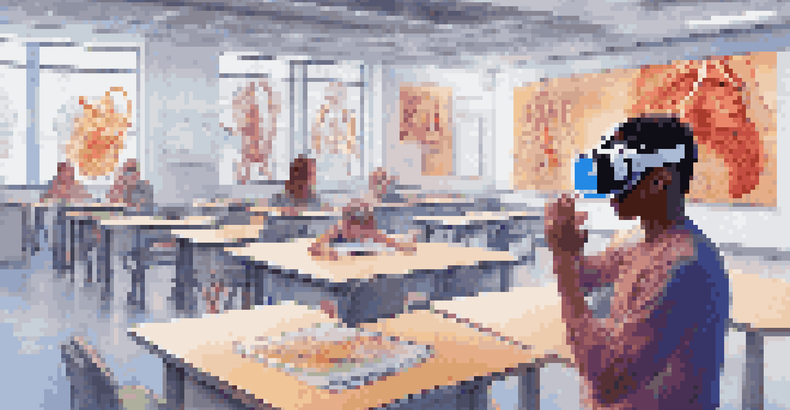 A student immersed in a virtual reality experience, exploring a 3D model of human anatomy in a modern classroom.