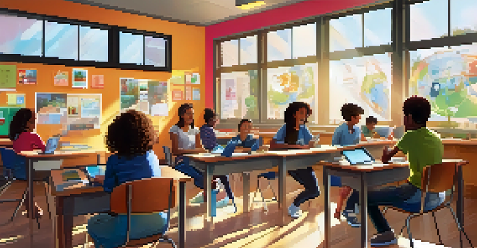 A lively classroom with students of different backgrounds working together on digital storytelling projects, with computers and colorful posters around them.