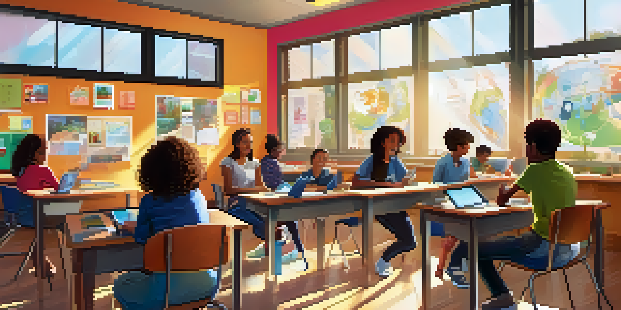 A lively classroom with students of different backgrounds working together on digital storytelling projects, with computers and colorful posters around them.