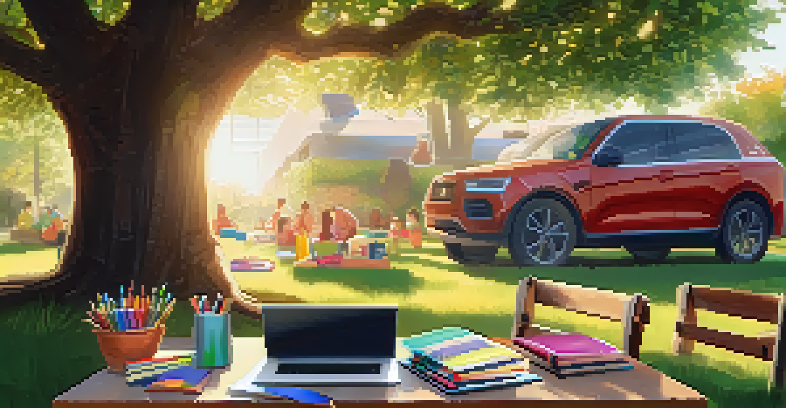 An outdoor study area with a picnic table, laptop, and stationery under a tree.