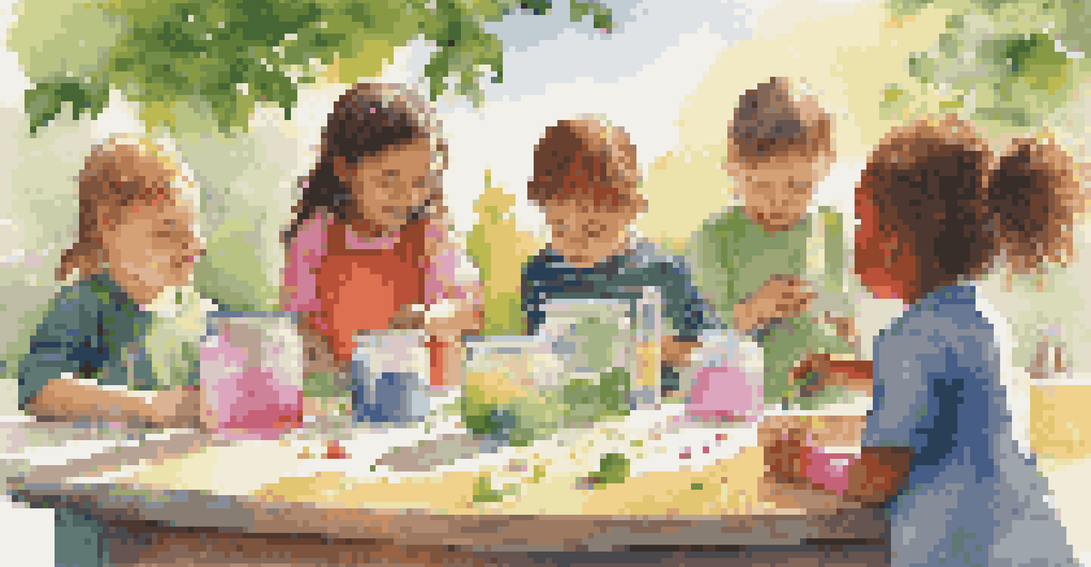 Children collaborating on a science experiment outdoors, with bright colors and expressions of wonder set against a sunny backdrop.