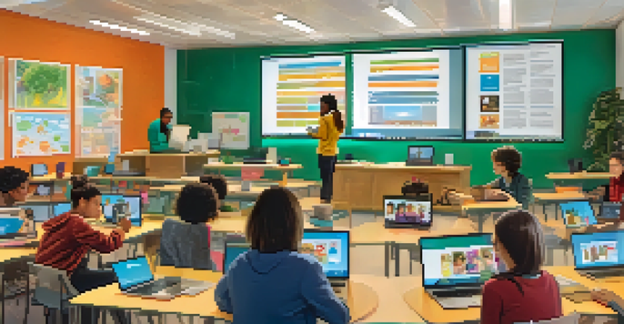 A lively online classroom with students of various backgrounds using laptops and tablets while engaging with a digital screen.