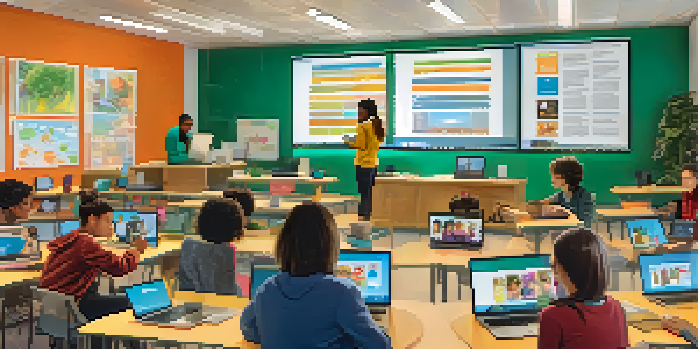 A lively online classroom with students of various backgrounds using laptops and tablets while engaging with a digital screen.