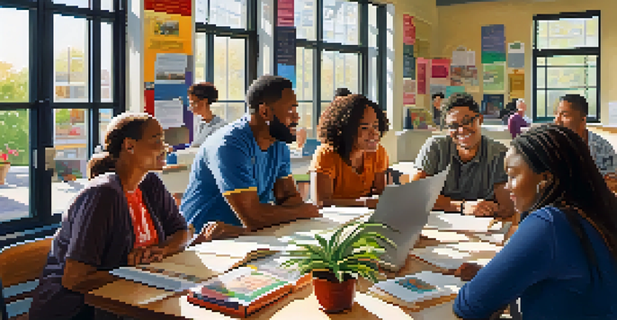 A diverse group of adult learners discussing around a table filled with books and laptops in a well-lit community center.