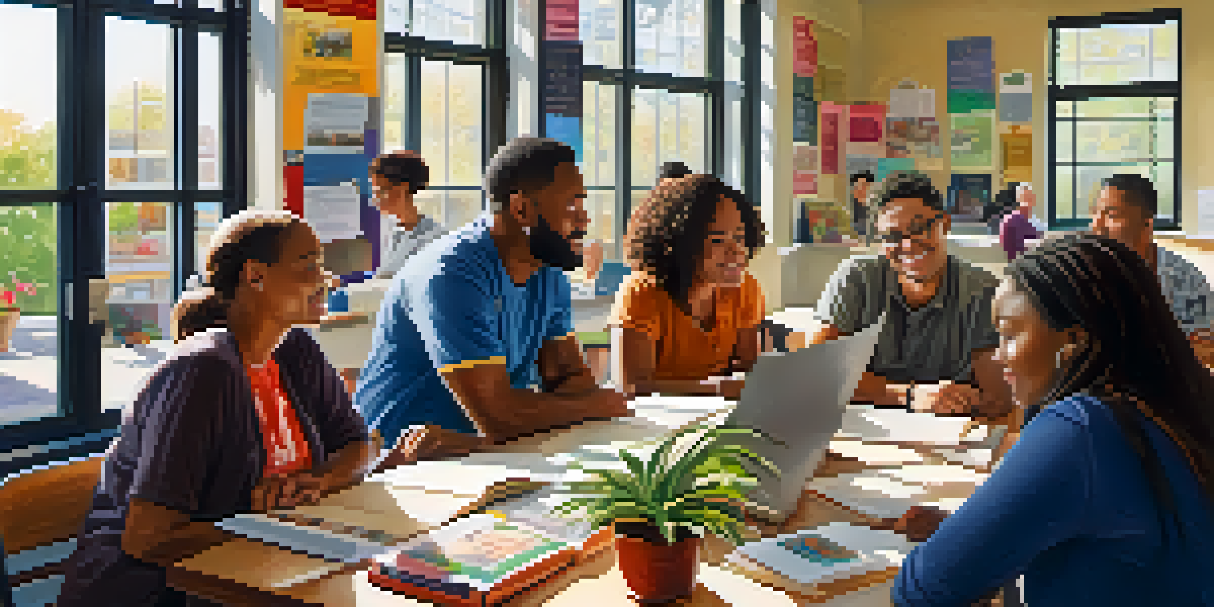 A diverse group of adult learners discussing around a table filled with books and laptops in a well-lit community center.