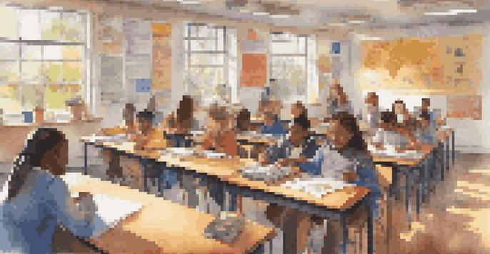 A lively classroom with diverse students using laptops and collaborating in groups while a teacher facilitates learning.