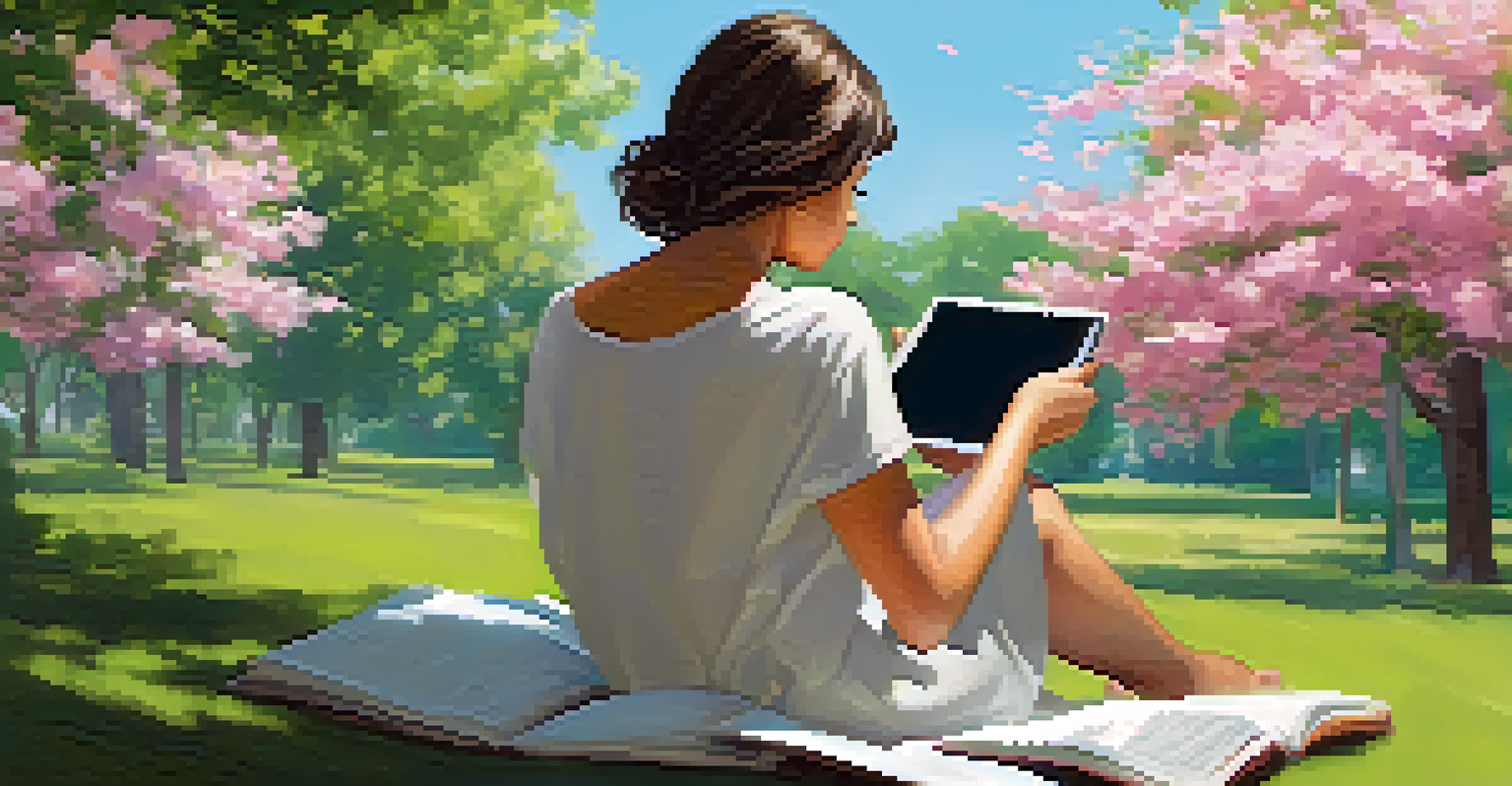 A person reading a digital tablet in a park surrounded by greenery and flowers under a blue sky.