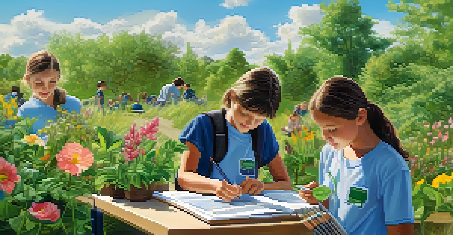 Students outdoors, investigating plants and using tablets for research in a lush green environment, emphasizing hands-on learning.