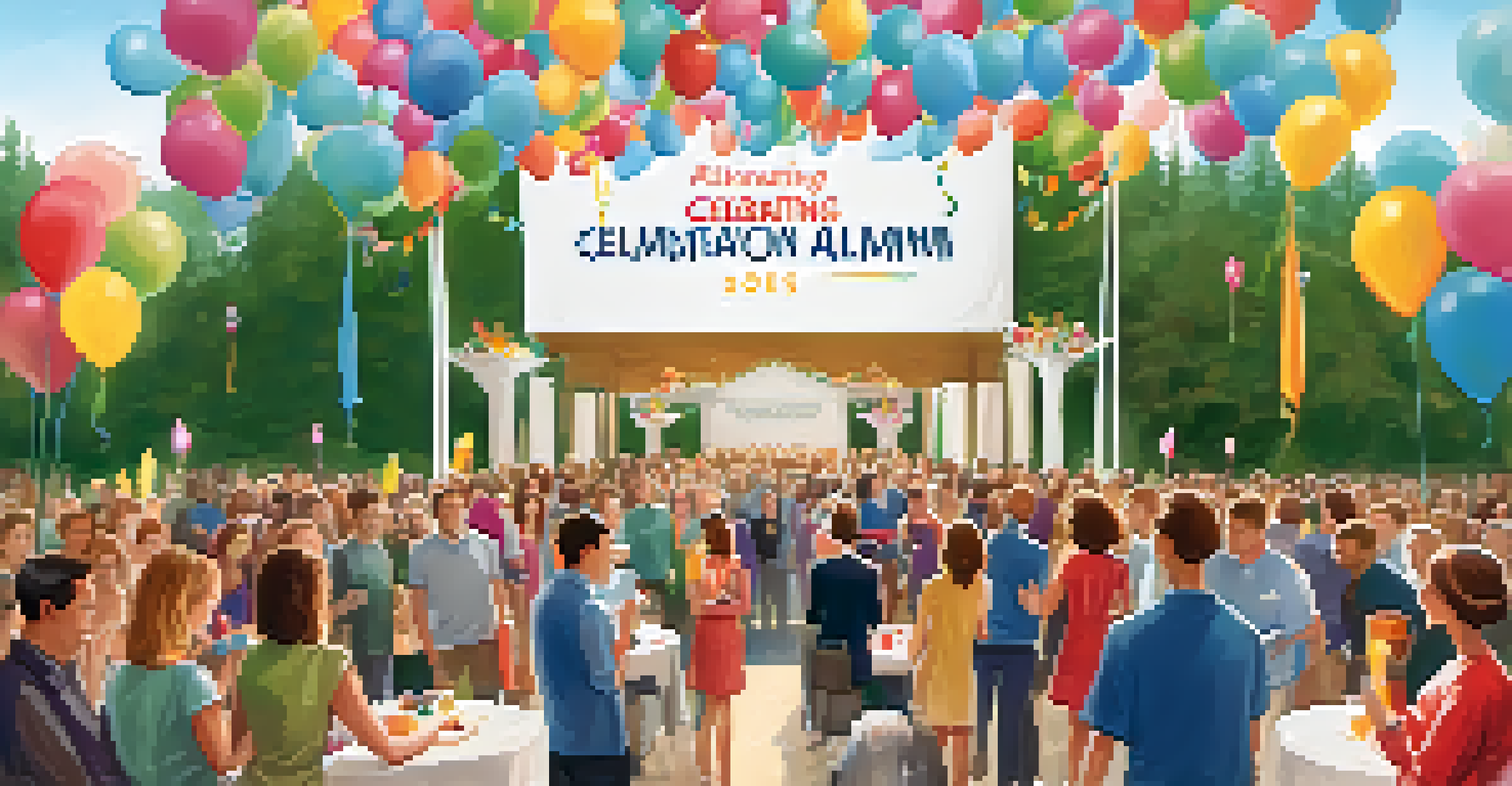A celebratory event featuring alumni receiving awards, with a banner saying 'Celebrating Our Alumni' and an audience applauding in a festive venue.