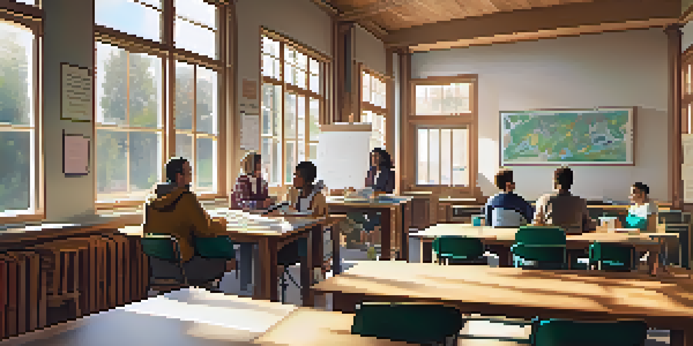 A diverse group of adult learners engaged in a collaborative learning environment, with laptops and books on a table, surrounded by warm natural light.