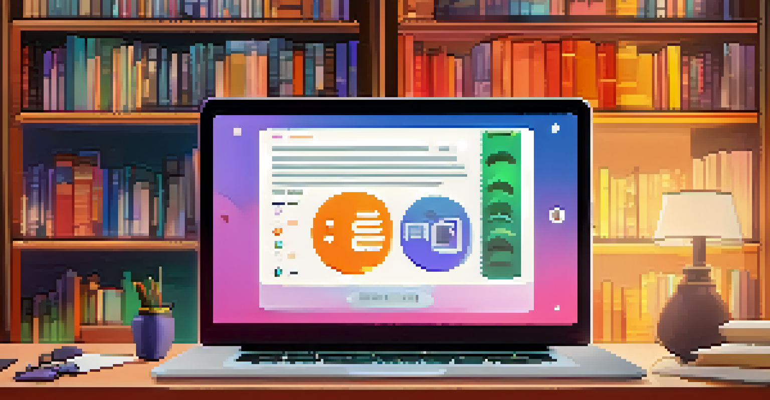 A close-up of an AI chatbot interface on a laptop in a cozy study room, featuring colorful icons and interactive elements in a warm atmosphere.