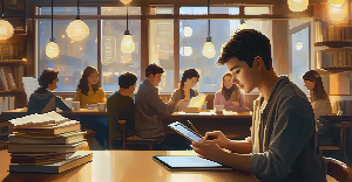 A student studying with a tablet in a warm coffee shop, surrounded by books and notes, illuminated by soft lighting.