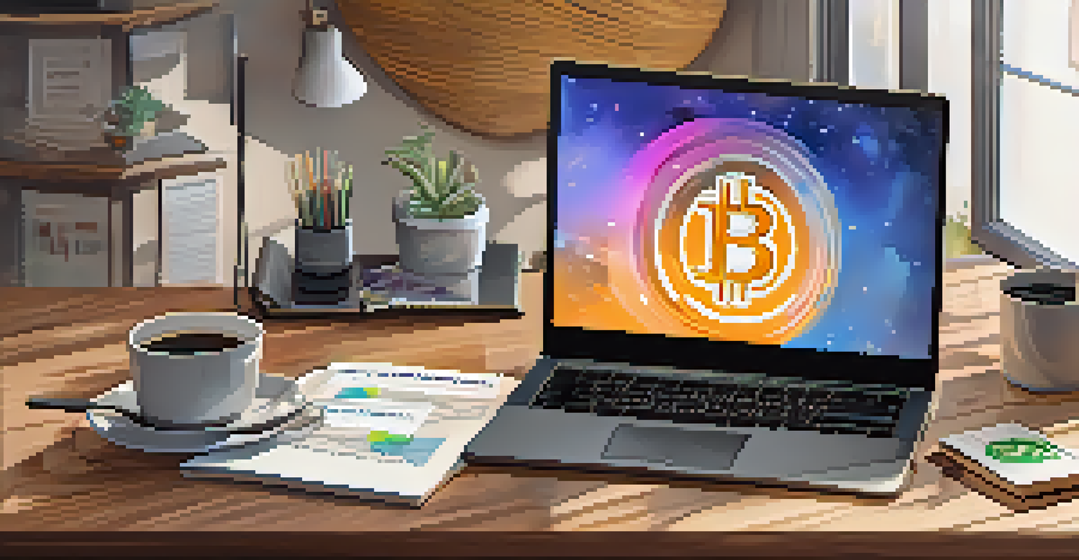 A cozy workspace with a laptop showing cryptocurrency graphs and a notepad.