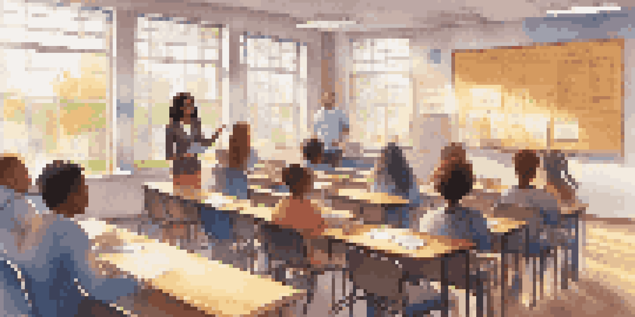A classroom scene with students learning about budgeting, engaged in discussion and taking notes, with sunlight illuminating the room.