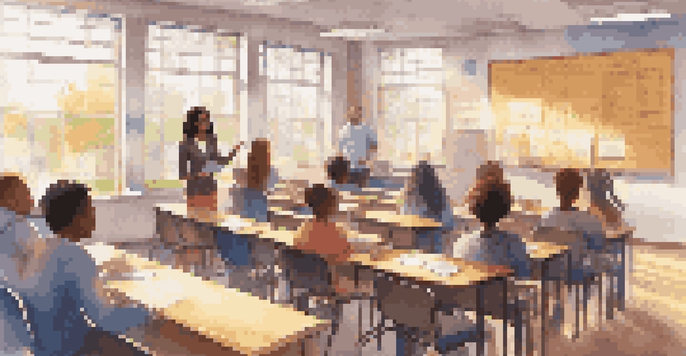 A classroom scene with students learning about budgeting, engaged in discussion and taking notes, with sunlight illuminating the room.