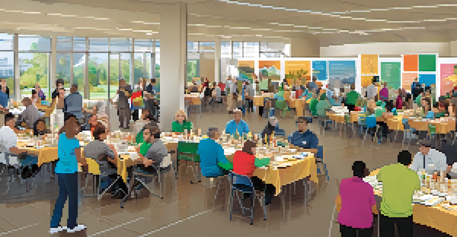 A community center with tables set up for a CPD fair, where attendees are engaging with representatives about funding opportunities.